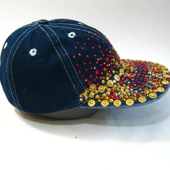 Handmade Denim Red Gold Rhinestone Studded Glittery streetwear Baseball Cap Hat - Picture 6 of 8